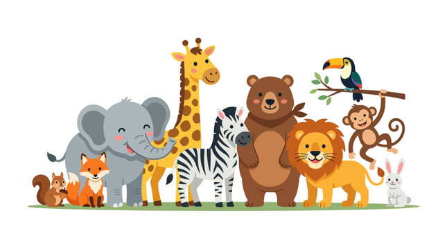 Colorful zoo animals, safari icons, wildlife illustrations, cartoon creatures isolated on White Background
