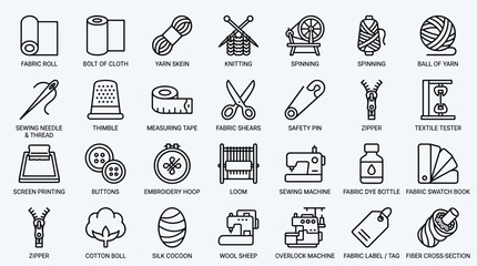 Naklejka premium Sewing and textile industry flat icons set, depicting fabric, yarn, knitting, spinning, sewing tools and clothing accessories for fashion and design.