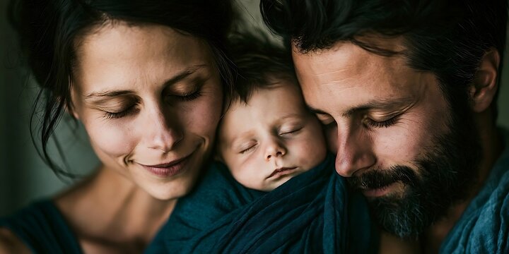 Loving parents embrace their sleeping newborn baby in a tender moment of family connection.