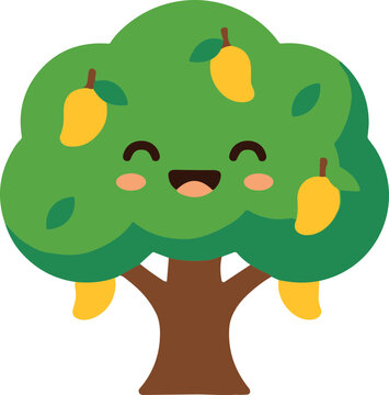 Cute Kawaii Mango Tree Character with Smiling Face and Ripe Fruits, Vector Illustration