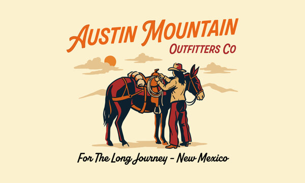 Vintage Austin Mountain Outfitters traveler with pack horse in the desert landscape