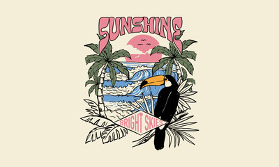 Fototapeta premium Retro tropical beach illustration featuring a toucan bird, palm trees and ocean waves.