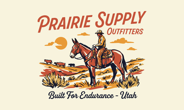 Vintage illustration of a cowboy on horseback in the Utah desert prairie with cattle at sunset.