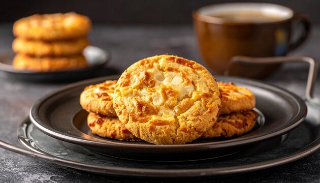 Homemade corn biscuits. Delicious golden brown baked arepa sweet corn cookie served with coffee.