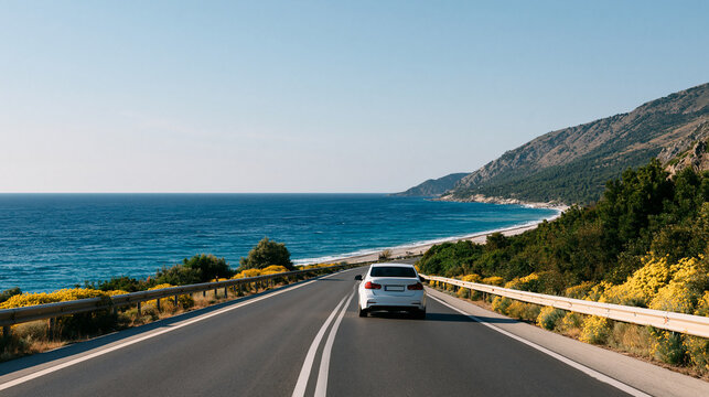 Car driving along a beautiful European beach highway in summer, coastal travel and road trip concept, with copy space