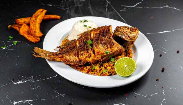 Whole fried fish. Crispy fried mojarra served with white rice and fresh lime wedges.