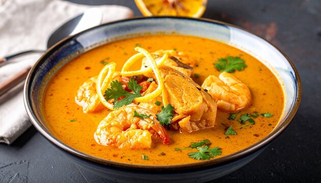 Yellow seafood curry. Rich and creamy coconut fish stew garnished with fresh citrus.