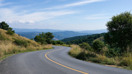 Naklejka premium Bumpy asphalt road on a hill in rural Thailand, scenic drive and international travel concept, with copy space