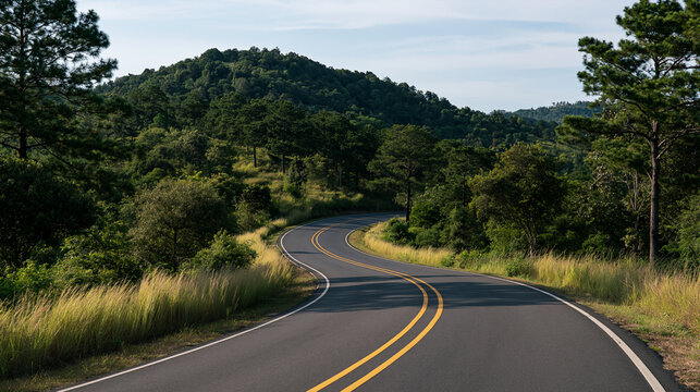 Bumpy asphalt road on a hill in rural Thailand, scenic drive and international travel concept, with copy space