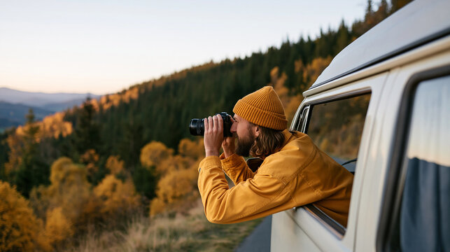 Young man leaning out of a camper van window photographing a passing landscape, road trip photography and adventure concept, with copy space
