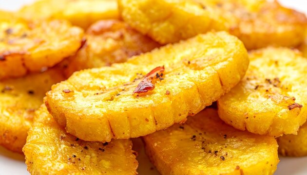 Crispy plantain rounds macro. Traditional Latin Caribbean tostones perfectly fried to a golden crunch.