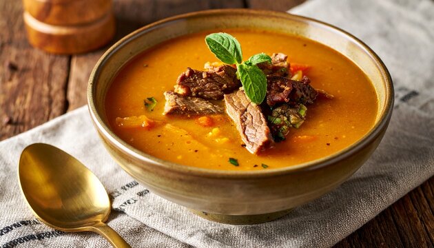 Rich pumpkin beef soup. Delicious South American locro squash stew topped with tender meat and garnish.