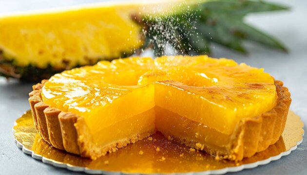 Sliced fruit tart. Traditional tropical pineapple pie featuring a thick vibrant yellow jelly filling over a crumbly crust.