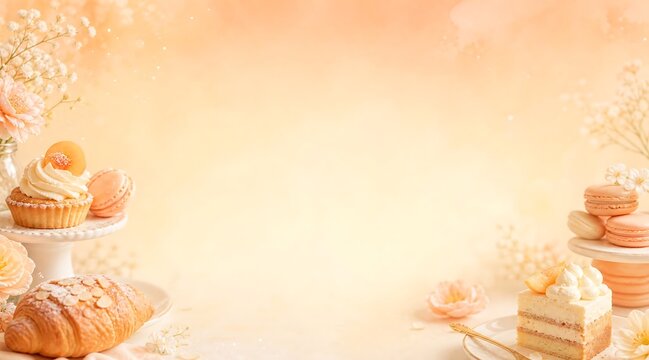 Delicious pastel desserts with cake, macarons, and flowers on a soft peach background, ideal for copy space and elegant celebrations.