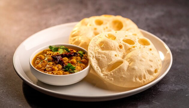 Traditional chole bhature dish. Authentic chole bhature featuring fluffy fried bread served with spicy chickpea curry bowl.