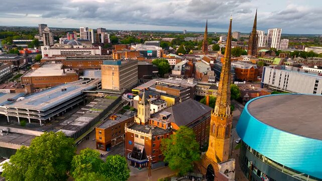 Aerial view of Coventry, a city in central England known for the medieval Coventry Cathedral and statue of lady Godiva