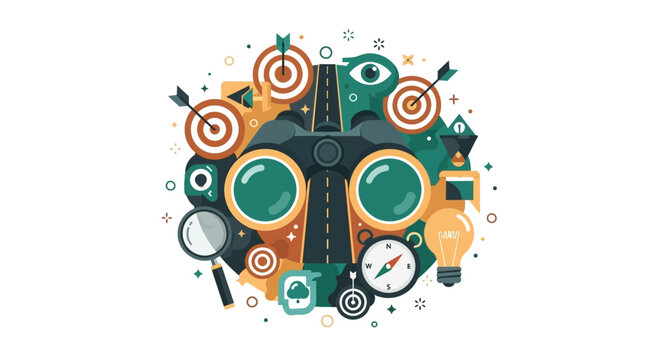 Business Strategy and Vision Concept Illustration with Binoculars, Targets, and Roadmap