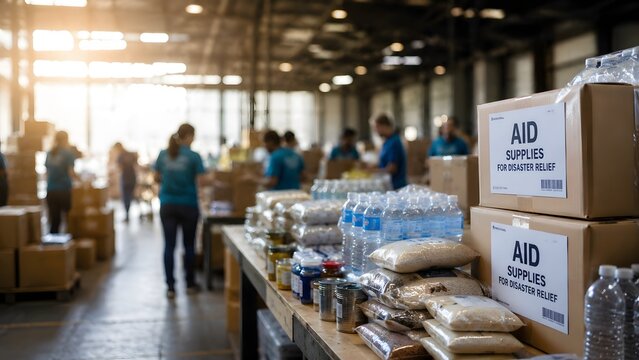 Cardboard boxes of aid supplies for disaster relief in a busy warehouse with volunteers blurry background