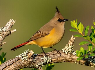 Fototapeta premium Cedar waxwing bird with crest sits on dead tree branch. Yellow belly, red tail tip, and black eye mask are visible. Green foliage in background.