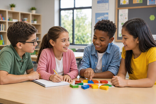 Group of students using educational math blocks for learning in school with hands on, problem solvin