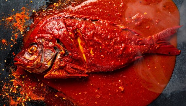 Spicy Indonesian ikan bumbu bali curry. Traditional fried fish cooked in authentic rich and hot Balinese chili sauce.