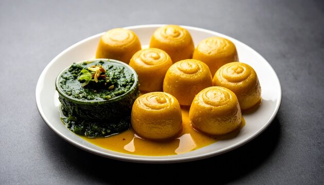 Guinean mashed food with sauce. Traditional fouti displaying yellow steamed domes served with rich green leaf stew for authentic african cuisine showcase.