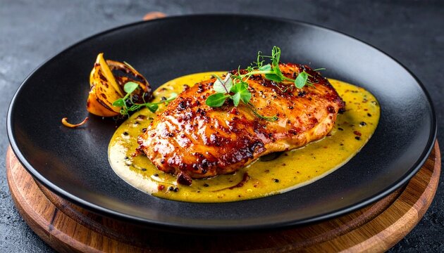 Senegalese lemon chicken platter. Authentic poulet yassa meal featuring grilled chicken covered in delicious sweet and sour onion gravy with fresh green garnish.