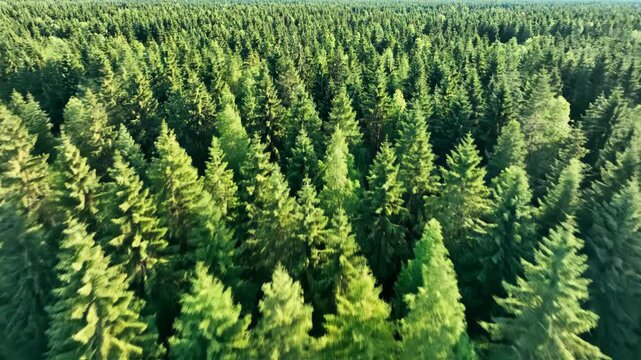 Aerial view of dense green coniferous forest canopy, featuring uniform pine and spruce tree tops in a lush wilderness landscape under bright natural daylight conditions.