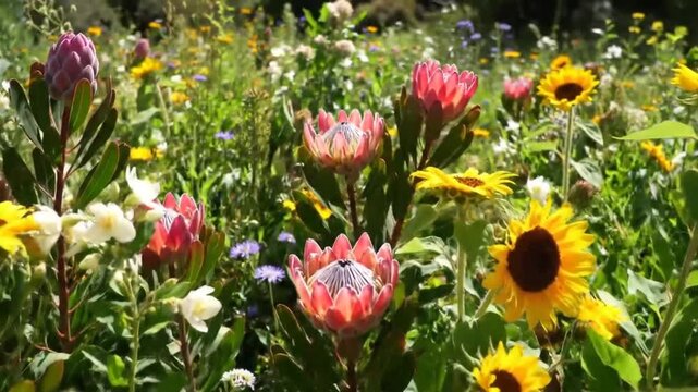 Wildflower meadow with sunflowers and protea in sunlight.