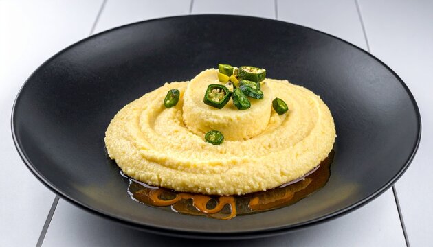 Yellow cornmeal porridge with green okra slices. Traditional food serving an authentic Barbadian cou cou recipe on a black plate.
