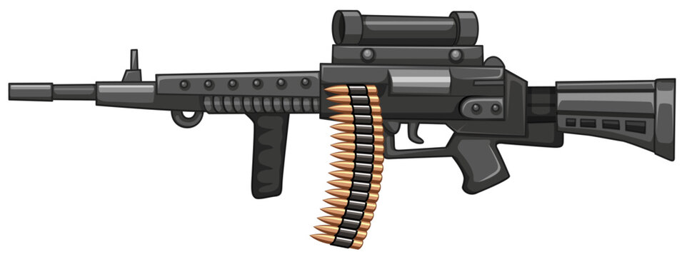 Pixel art illustration of a military machine gun with ammunition belt, military