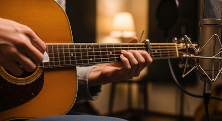 Obraz premium Close-up of a person playing acoustic guitar in a cozy indoor setting with warm lighting