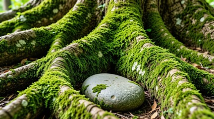Fototapeta premium Thick green moss covers tree roots and a smooth gray stone. Forest floor details show natural textures and growth patterns. Sunlight filters through green foliage creating dappled light.