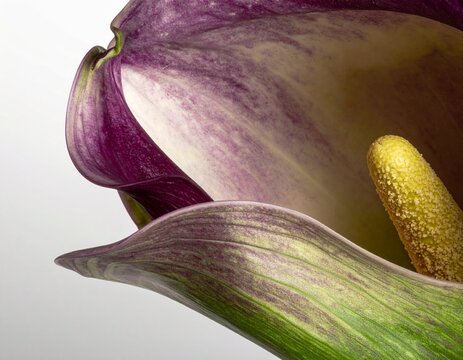 Arum cyrenaicum purple spathe. Macro detail of an exotic arum flower showing its unique purple and green textures.