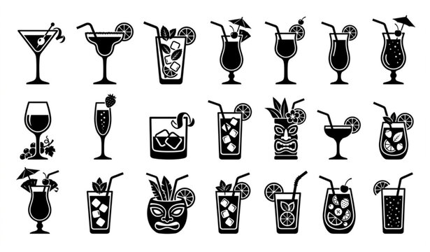 Black Silhouette Cocktail and Drink Icon Set with Straws Garnishes and Beverage Glass Collection Vector