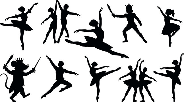 Classic Ballet Silhouette Character Set Featuring Nutcracker Dance Vector Elements