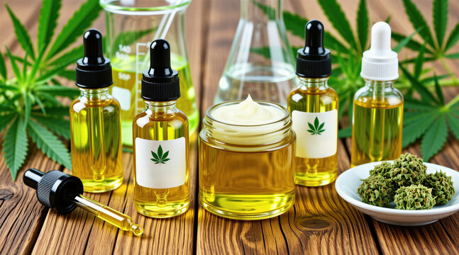 CBD oil bottles and cream jar sit on wooden table near hemp buds. Cannabis leaves in background. Laboratory beakers with yellow liquid also visible, showing extraction process.