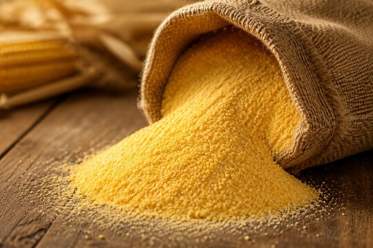 Freshly ground golden cornmeal pouring from the opening of a burlap sack.