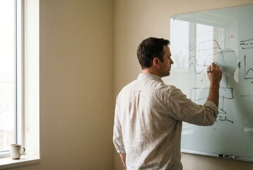 Fototapeta premium Scientist writing notes on glass board in bright research office, thinking through research problem with copy space
