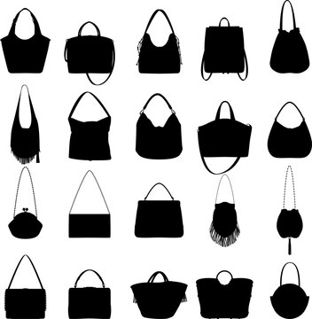 Modern Women's Handbag and Purse Vector Silhouette Set: Trendy Fringe Boho, Tote and Bucket Bags for E-commerce Retail Icons, Boutique Logos and Fashion Tech Packs
