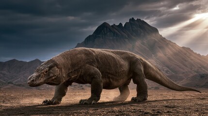 Fototapeta premium Komodo dragon walking across dry volcanic ground in natural habitat