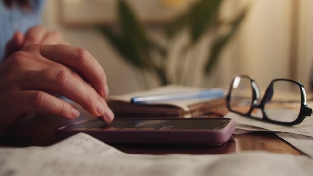 Woman sorts receipts using a calculator to track expenses at home. Budget planning or tax return from home. High quality 4k footage