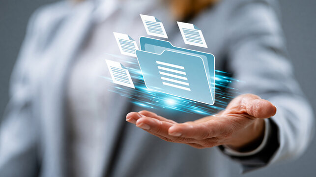 Faceless user accessing digital folder with floating documents representing file management system cloud computing and virtual storage solution, information technology concept,