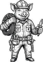 Obraz premium Friendly pig electrician character holding pliers tool and carrying wire cable roll vector illustration