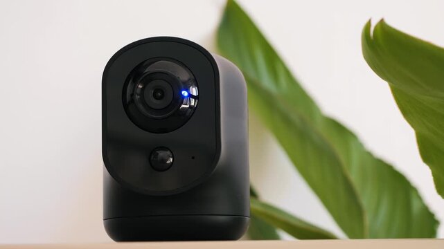 The camera rotates and reacts to movements. Wireless IP camera that monitors the interior of the home, smart home and security concept. . High quality 4k footage