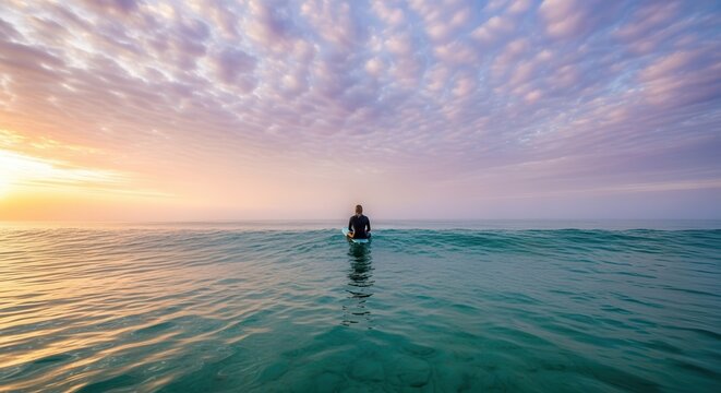 Silhouette Surfer Paddling in Ocean at Sunset with Dramatic Clouds and Reflective Water