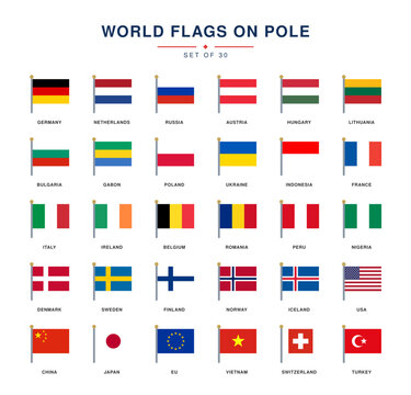 World Flags on Pole Set - 30 national flags on flagpole, vector collection
