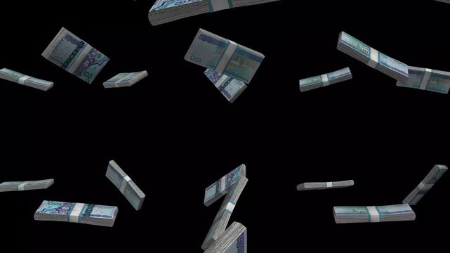 Turkmenistan Money, Turkmen Manat Banknotes Falling On Black Background, TMT Currency Stacks Dark Cinematic, 4K