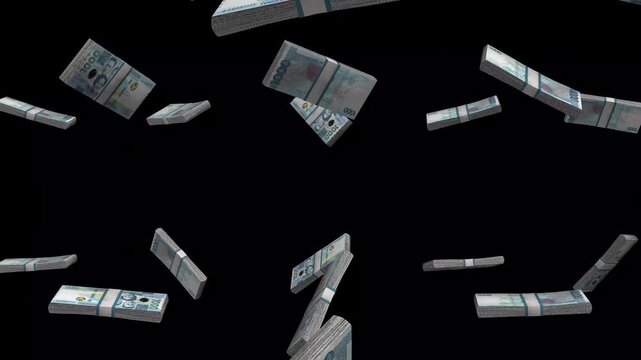 Philippines Money, Philippine Peso Banknotes Falling On Black Background, PHP Polymer Currency Stacks Dark Cinematic, 4K