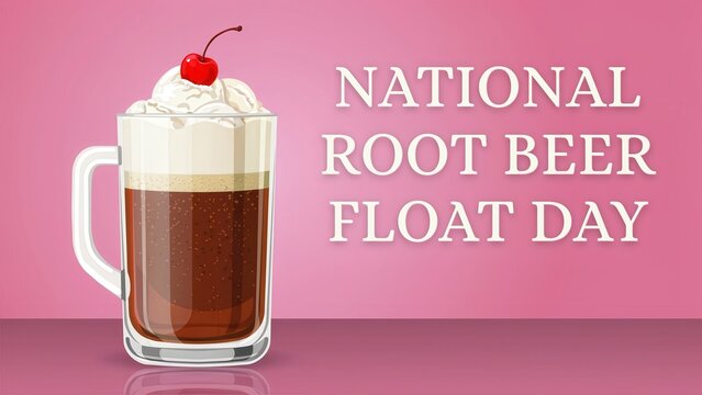 National Root Beer Float Day text and drink on pink background